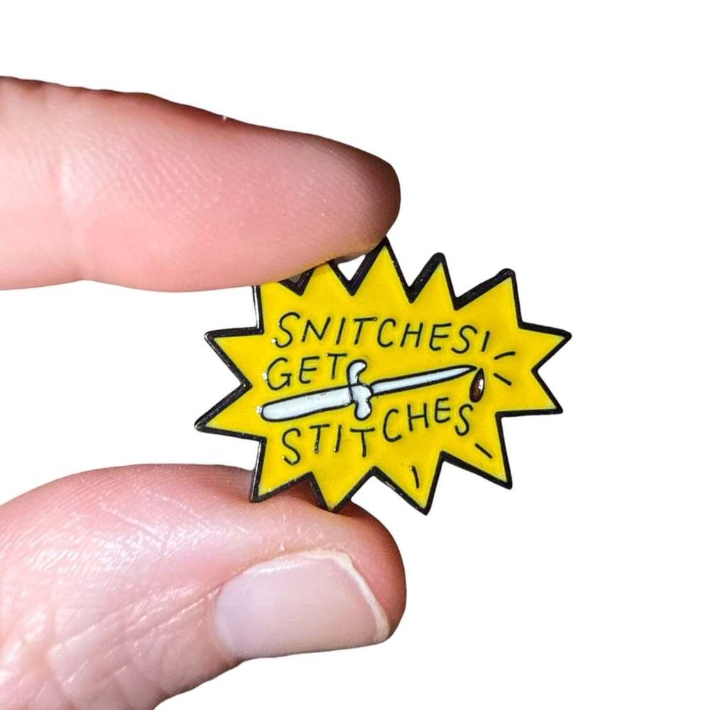Snitches Get Stitches Enamel Pin Knife Design Retro Pop Culture Badge